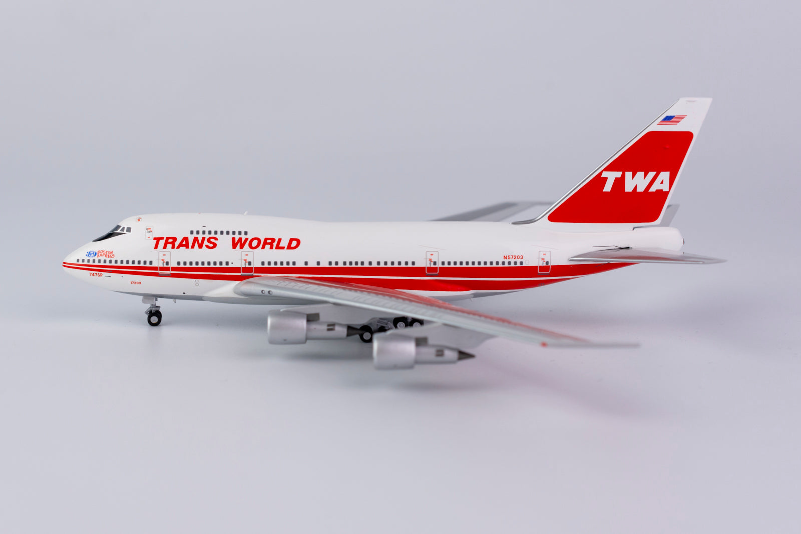 1:400 NG Models Trans World Airlines (TWA) Boeing 747SP Twin Stripes,  Boston Express N57203 NG07020