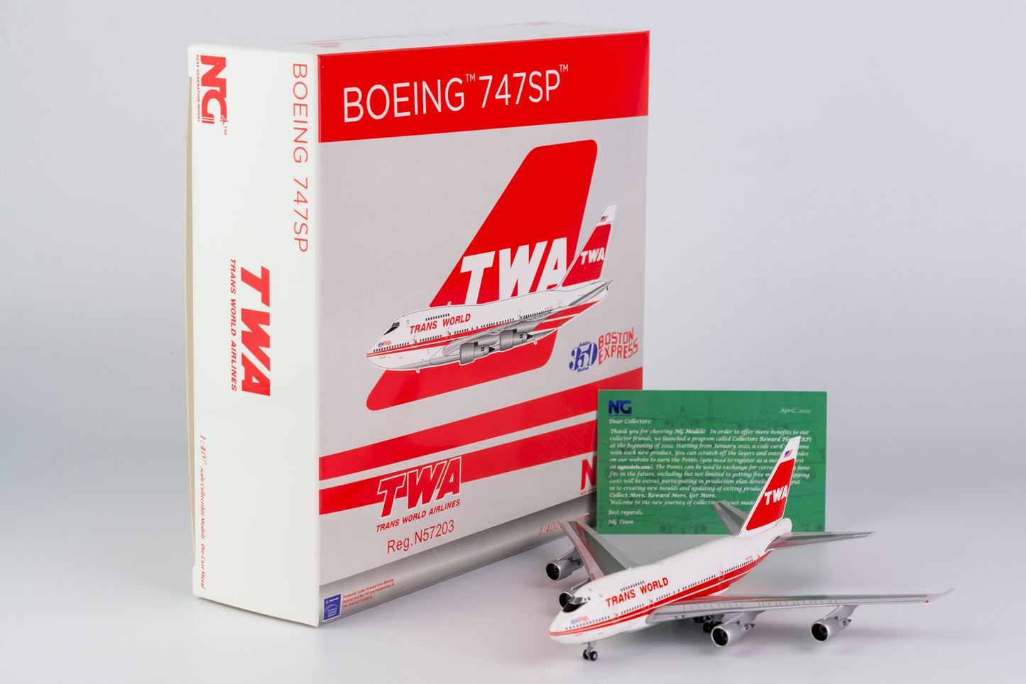 1:400 NG Models Trans World Airlines (TWA) Boeing 747SP "Twin Stripes, Boston Express" N57203 07020
