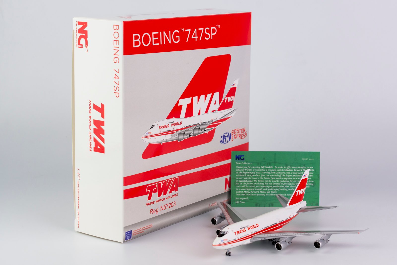 1:400 NG Models Trans World Airlines (TWA) Boeing 747SP Twin Stripes,  Boston Express N57203 NG07020